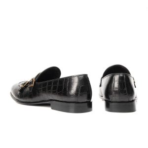 Black Croc Embossed Double Monk Loafers Bella Tread